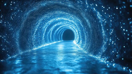 Abstract blue tunnel with glowing particles, digital art