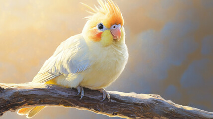 A beautiful and meticulously detailed painting of a golden-yellow cockatiel, its soft feathers radiating warmth as it perches on a wooden branch