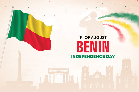 Benin Flag Waving On Skyline Background. Independence Day Concept Design Vector Illustration.