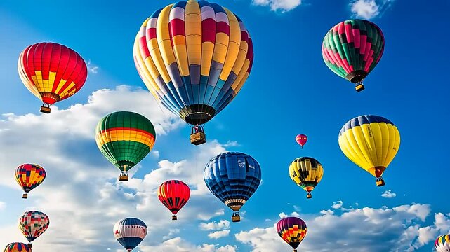 Colorful hot air balloons soaring in a bright blue sky with fluffy clouds and scenic landscape below