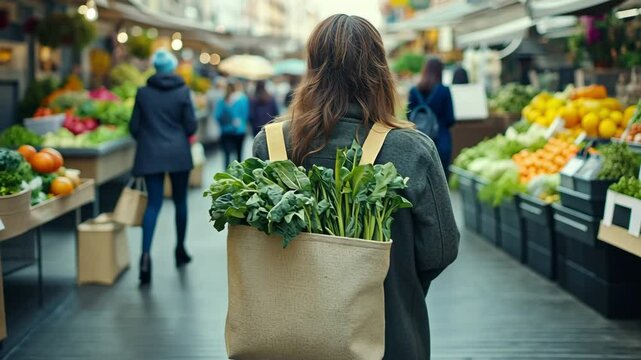 A young lady with a reusable tote bag at a farmers' market