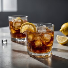 Glass of iced tea with lemon isolated on a white background, generative ai. A glass of tea. Summer Scene, Iced Tea with Lemon and mint on a garden table in bright sunshine.. Iced Tea