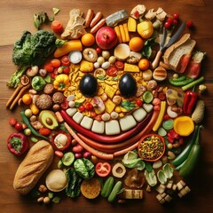 A whimsical arrangement of various foods in a smiling face