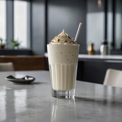 Milkshake on the table  Eggnog milkshake  Warm and Cozy Spiced Drink in a Glass  Chocolate Iced Coffee with Whipped Cream  A creamy vanilla frappe topped with whipped cream, placed on a marble table w