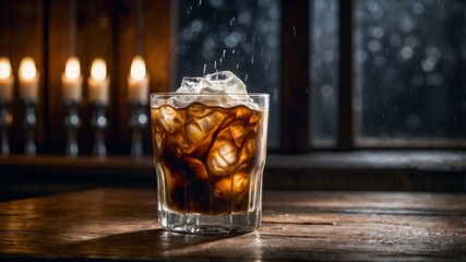 Iced coffee on an attractive wooden table. Ice cubes floating in a glass are refreshing. Generative AI.