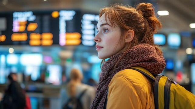 A traveler asking for help at the information desk, with vibrant airport signs visible in the background
