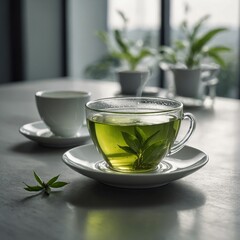 Minimalist Elegant Presentation of Green Tea Infusion  Natural tea cup with mint leaves. A cup of green tea with a sprig of fresh mint. Perfect for health and wellness concepts