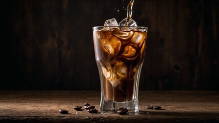 Textured wooden table and coffee with ice. The condensation on the glass and the soft swirls of the cream create a visual delight. Generative AI.