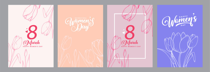 Fototapeta premium Women’s Day Poster Set. Set of Floral Posters for 8 March. Flower design Women’s Day Greeting Cards. Women Day background Templates with Floral Line Art.