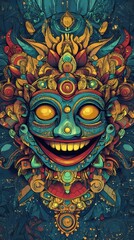 A brightly colored smiling decorative mask with ornate detailing