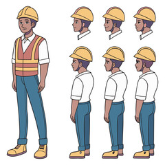 Construction worker, builder in helmet, vest, uniform vector illustration. Character constructor for animation. Front, side, and back view set. Body parts, postures, poses collection