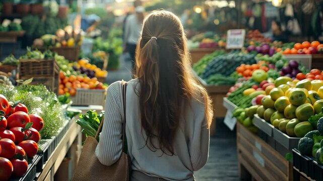 A young lady with a reusable tote bag at a farmers' market