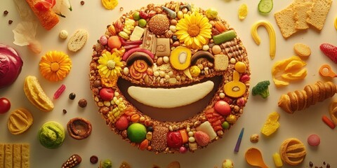 A smile made of assorted colorful food items on display