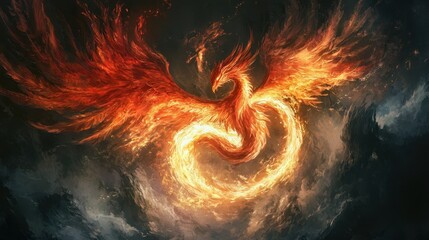 A fiery mythical bird soars in dramatic cloudy skies