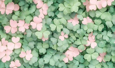 Pink and green shamrock on a white background with numerous clovers, Generative AI