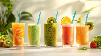 Fototapeta premium Five refreshing fruit smoothies on table, sunlight, greenery background; perfect for healthy lifestyle ads