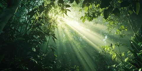 Dreamlike beams of sunlight filtering through the heart of an untouched forest
