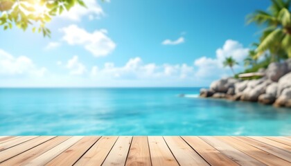 Fototapeta premium A serene wooden table top set against the sea and tropical trees, perfect for a summer beach getaway