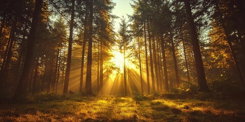 Dreamy rays of golden sunlight breaking through towering trees in a serene forest