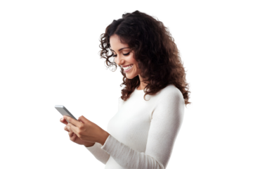 Happy woman using cell phone, cut out, kept on white or transparent background