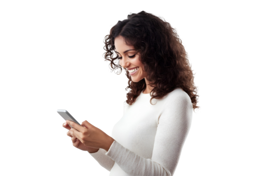 Happy woman using cell phone, cut out, kept on white or transparent background