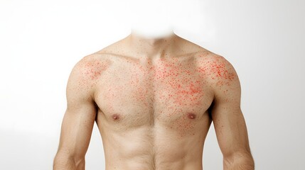 Fototapeta premium Close up image of an isolated depiction of red rashes and inflammation on the upper chest and neck characteristic of the skin condition known as scarlet fever