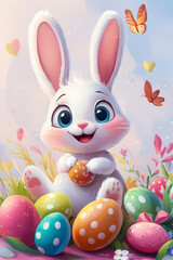 Obraz premium playful cartoon bunny holding Easter egg surrounded by colorful eggs, flowers, and butterflies