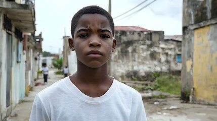 Obraz premium Close up portrait of a Caribbean teenage boy with a tense worried expression creased brows and a tight jawline revealing hidden anxiety in an urban outdoor environment