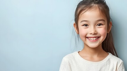 Close up portrait of a cheerful and joyful East Asian teenage girl with a soft giggle bright eyes and a warm friendly demeanor that radiates positivity and delight