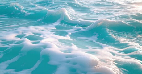 Obraz premium Shimmering pastel blue waves delicate sunlit highlights rolling currents forming spiral patterns floating plastic waste camouflaged within foam