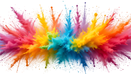 Vibrant explosion of Holi paint colors creates a stunning rainbow effect against a wide white background.
