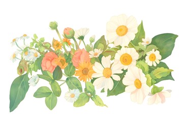 Watercolor bouquet with sunflowers, lavender, daisies and green leaves, Generative AI