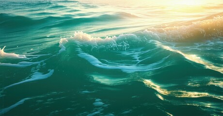 Fototapeta premium Tranquil jade green sea blending golden sunset light gentle waves breaking soft foam microplastic particles floating within untouched beauty