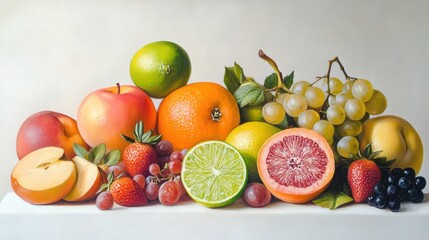 Colorful fruit still life, studio setting, white background, healthy food photography