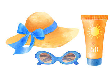 Sun protection. Hat, sunglasses, sunscreen. Vector watercolor illustration