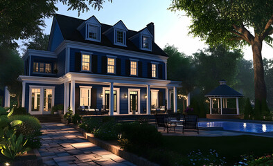 3D rendering of a blue classic colonial house with black shutters at night.