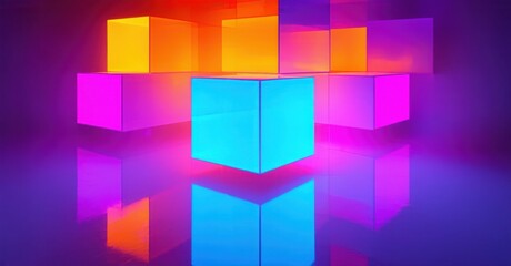 Obraz premium Vibrant neon cube composition glowing orange deep violet cyan blue floating futuristic abstract space smooth reflections soft edges