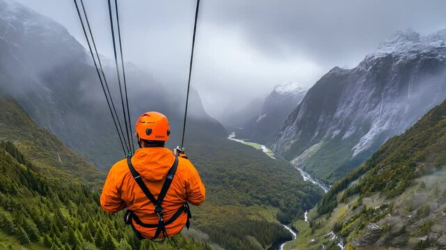 Man in Orange Jacket Ziplining Through New Zealand Mountains