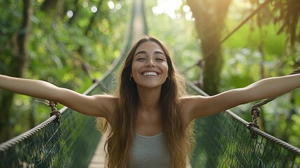 Happy woman on jungle bridge