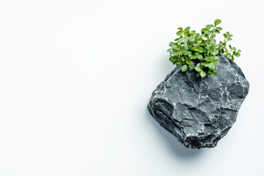 top view rough rock podium with gokshura plant on it, isolated on a light white background. Minimal concept studio shot with high detail