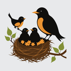 Hungry baby robins in a nest wanting the mother bird. 
