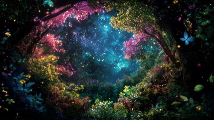 Magical Night Forest with Glowing Flowers and Butterflies