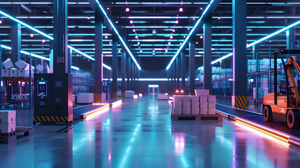 Fototapeta premium A high-tech logistics warehouse with automated conveyor belts, robotic arms sorting packages
