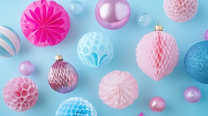 Vibrant Mix of Colorful Textured Ornaments on Light Blue Background