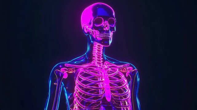 Vibrant neon skeleton model showcasing glowing bones and human anatomy in colorful illustration of skeletal anatomy.