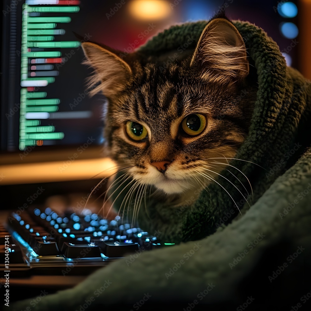 Poster Domestic Cat Hacker Typing on Keyboard in Digital Workspace Showcasing Talent Skill and Expertise in Cybersecurity Technology and Programming