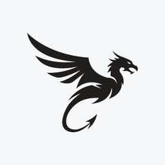 A sleek black dragon logo with wings spread wide and a curved tail, exuding power and agility. The sharp, modern design makes it ideal for branding, mascots, or fantasy-themed projects.