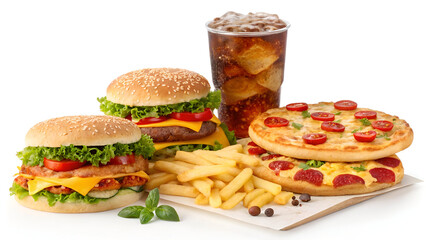 A colorful assortment of fast food, including burgers, fries, pizza, and soda, isolated on a white background.