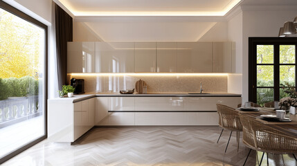 Modern high gloss kitchen with sleek cabinets, elegant lighting, and cozy dining area. design features minimalist aesthetic, perfect for contemporary living