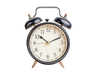 A classic black alarm clock with a white face and two bells on top, showing the time with prominent hour and minute hands, Transparent background.